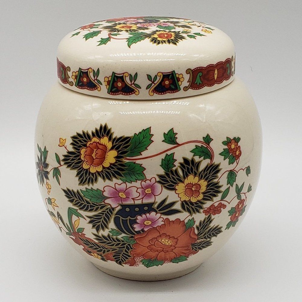 Sadler England Vintage Hand Painted Ceramic Indian Peony Lidded Ginger Jar